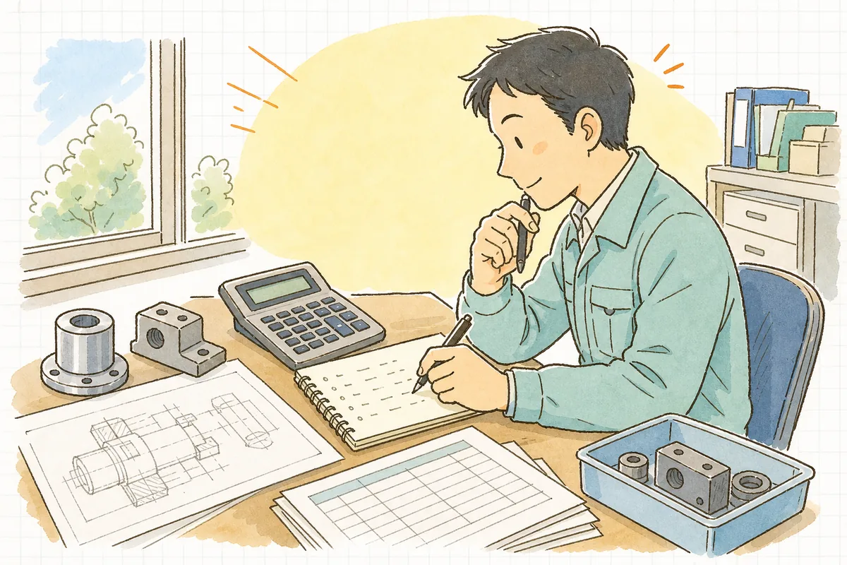 事務所の机で数量ごとの単価をメモに書き出し、電卓と図面を前に落ち着いた表情で見積を整理する町工場の担当者