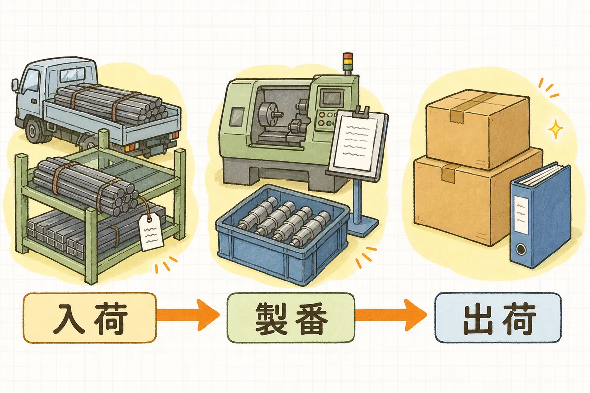 材料の入荷・加工の製番・出荷の記録が1本の線でつながっていることを示した説明図