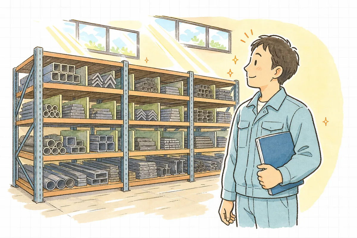 番号タグの付いた材料棚の前で、書類の束を手にして「これで答えられる」と静かに納得した表情を見せる町工場の担当者