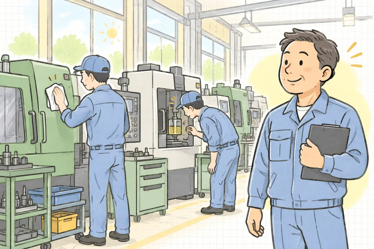 朝の町工場で、作業者たちがそれぞれ自分の機械の前で始業前の点検をしていて、現場リーダーが少し離れたところから明るい笑顔で見守っている情景