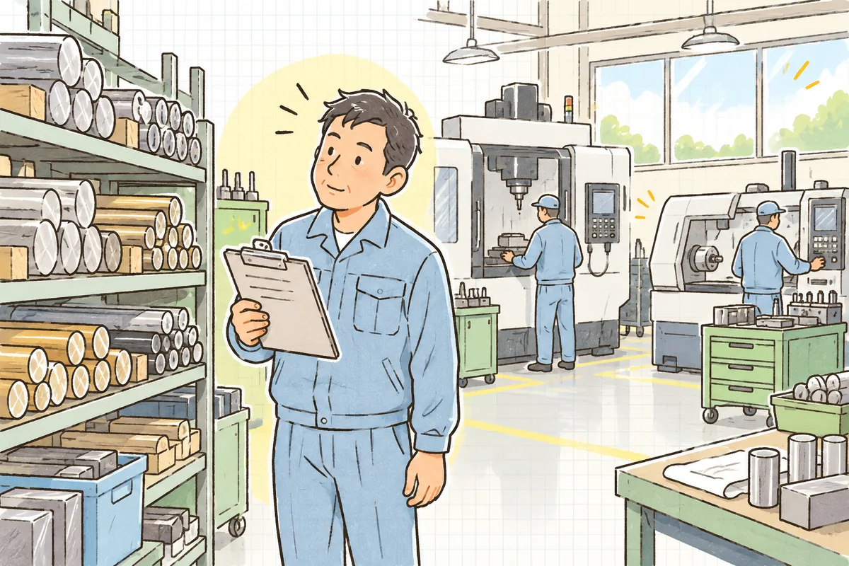 朝の町工場で、作業着の現場リーダーが材料の棚の前に立ち、手元の注文書と棚の材料を見比べながら、まとめて加工するか分けて加工するかを考えている情景
