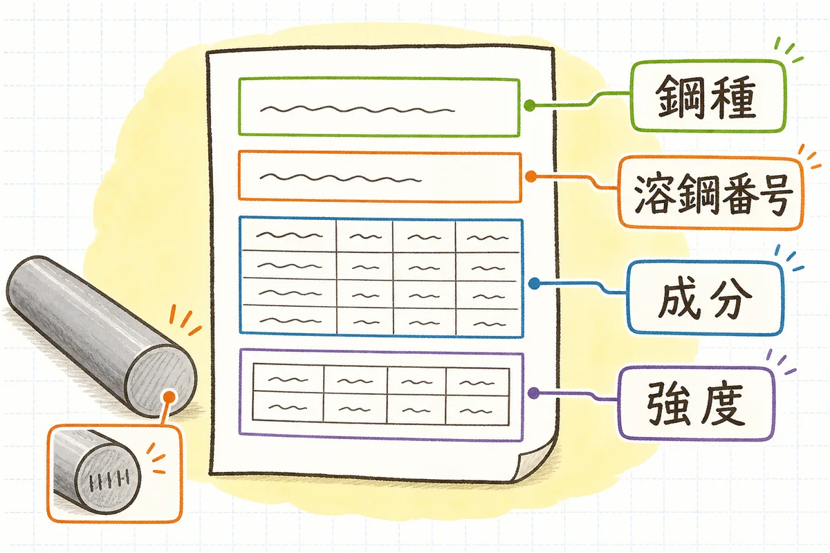 ミルシートで確認したい「鋼種」「溶鋼番号」「成分」「強度」の4か所を示した説明図