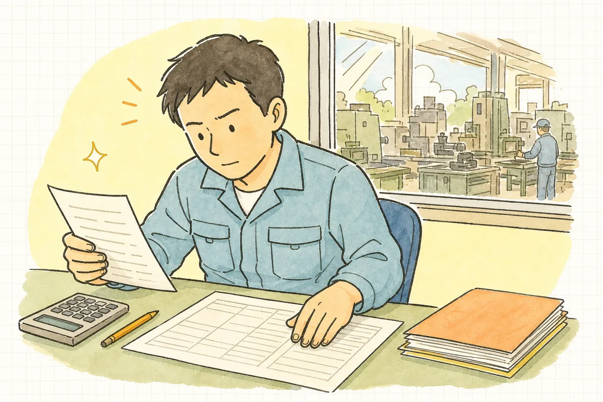 事務所の机で、材料の証明書と現品の刻印のメモを並べて溶鋼番号を照らし合わせている町工場の担当者