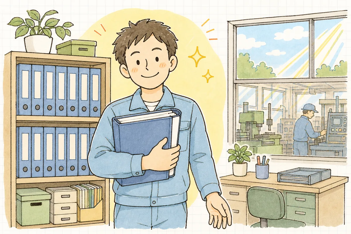 整理された事務所の棚の前で、材料の証明書をまとめたファイルを手に、穏やかな表情で立つ町工場の担当者