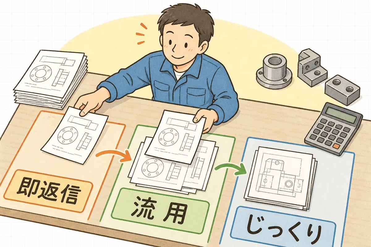 見積依頼を「即返信・流用・じっくり」の3つに仕分けて速く返す流れを示した説明図