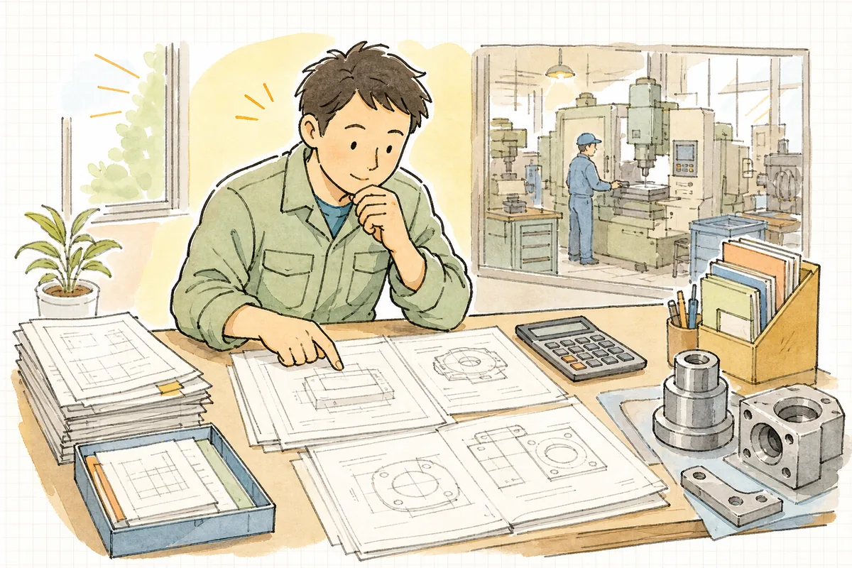 机に積まれた見積依頼の図面を前に、どれから返そうか考えている町工場の担当者の横顔と手元