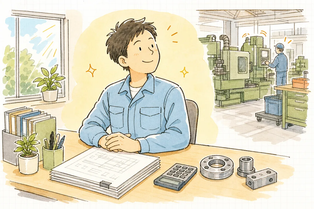 見積の返信を送り終え、机の上が片づいて前を向く町工場の担当者のおだやかな表情