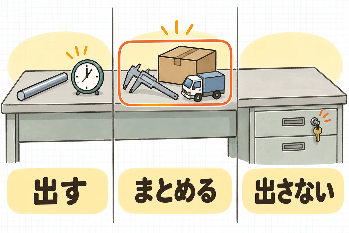 見積の項目を3つに分けた説明図。左の列は材料の金属の棒と時計が並べて置かれた机、中央の列は検査道具と段ボール箱とトラックの模型をひとまとめに囲んだ机、右の列は鍵のかかった引き出しのある机の絵