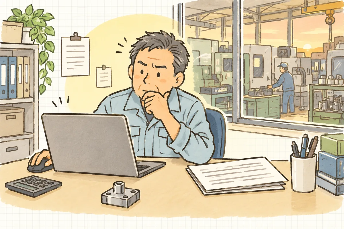 夕方の町工場の事務所で、作業着姿の担当者がパソコンに届いたメールを読みながら、手元の見積書の控えを見て少し考え込んでいる情景