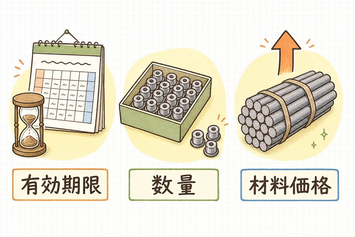 見積書に添えたい3つの但し書き（有効期限・数量・材料価格）をそれぞれ絵で示した説明図