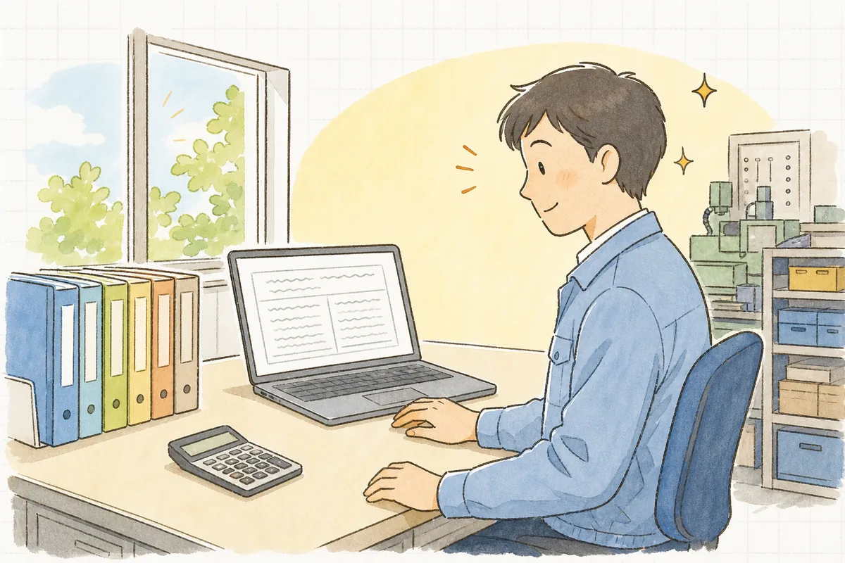 但し書きを入れた見積書のひな形を画面に表示し、これでいこうと納得したやわらかい表情を見せる町工場の担当者