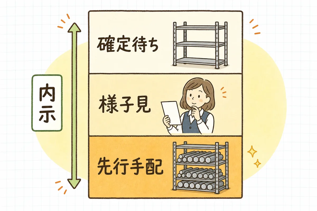 内示の数量を3つの帯に分けた図。下から先行手配、様子見、確定待ちの順に積み上がり、全体の高さが内示の数量を表している