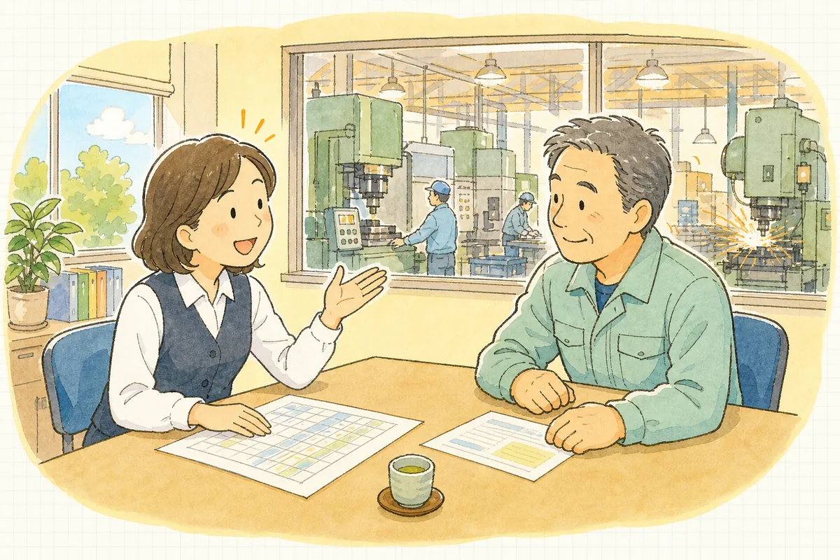 明るい事務所で、内示と確定を並べた表を前に、担当者と経営者が向かい合って落ち着いた表情で話し合っている場面
