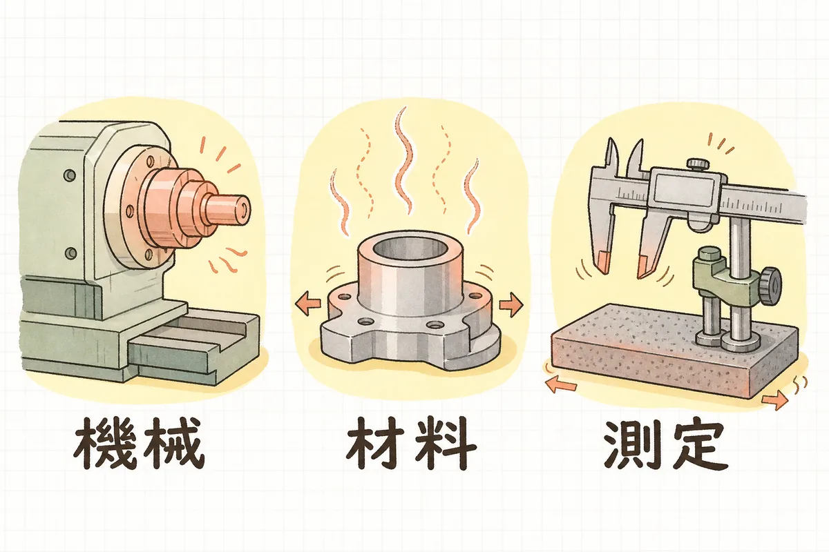 夏の加工精度に効く3つの熱の出どころ「機械」「材料」「測定」を並べて示す説明図