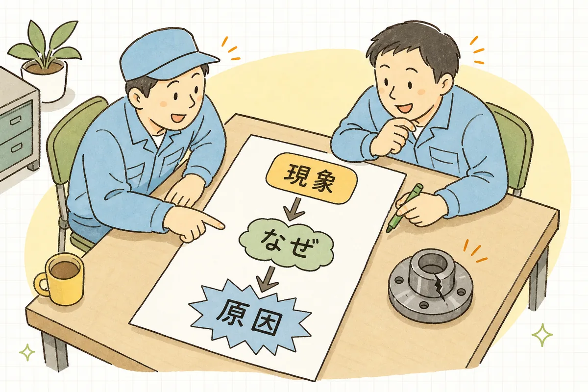 ひとつの不良から「なぜ」を順にたどり仕組みの原因に降りていく流れの説明図