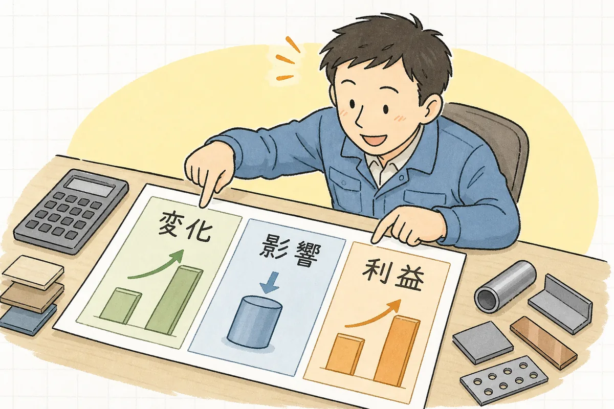 材料費・電気代・外注費の変化を一枚にまとめ、単価への影響を確かめる原価根拠資料の説明図