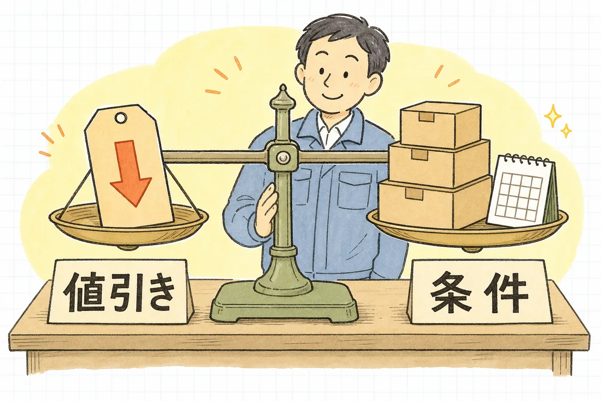 天秤の左の皿に下向きの矢印がついた値札、右の皿に積み上げた部品の箱とカレンダーがのり、つり合っている説明図