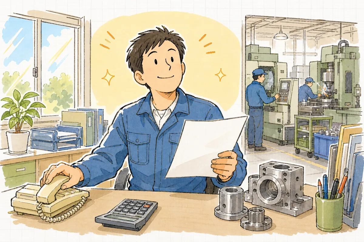 電話を終え、見積書を手に「これなら大丈夫」と落ち着いた笑みで顔を上げる町工場の担当者