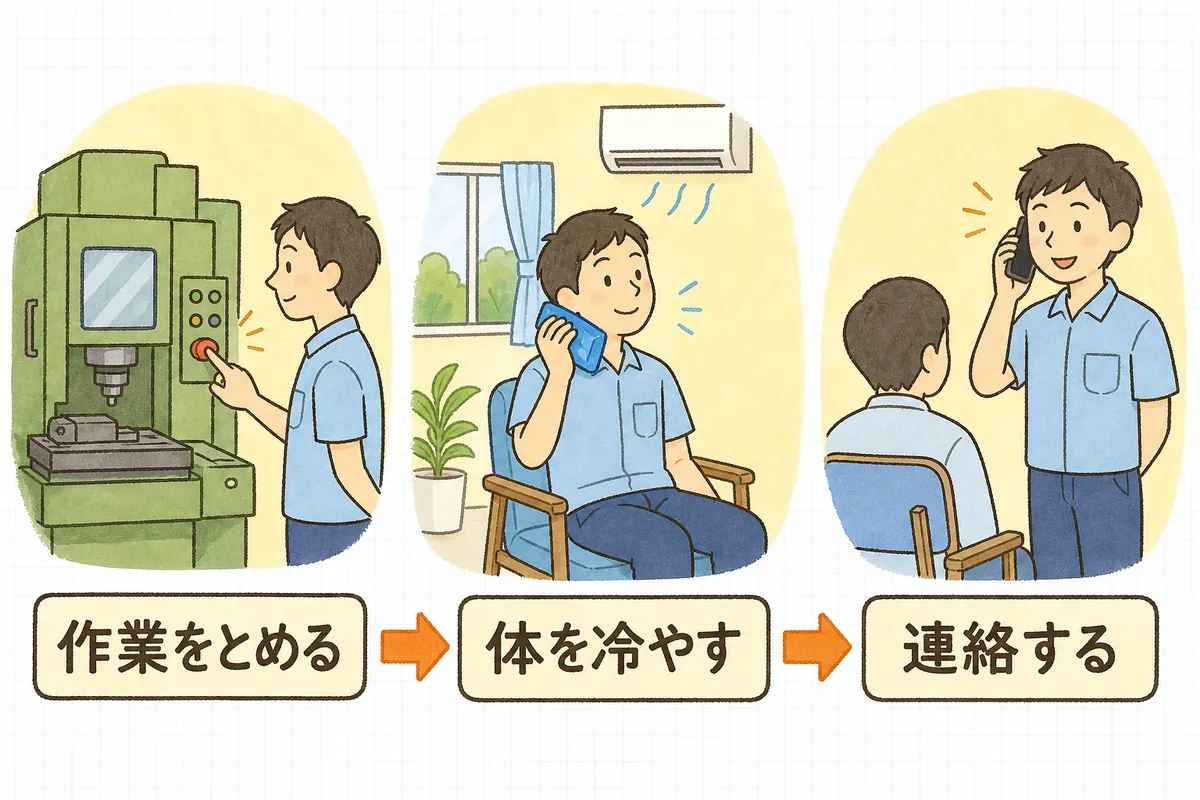 熱中症の疑いに気づいたときの三つの動き方を順に示した図
