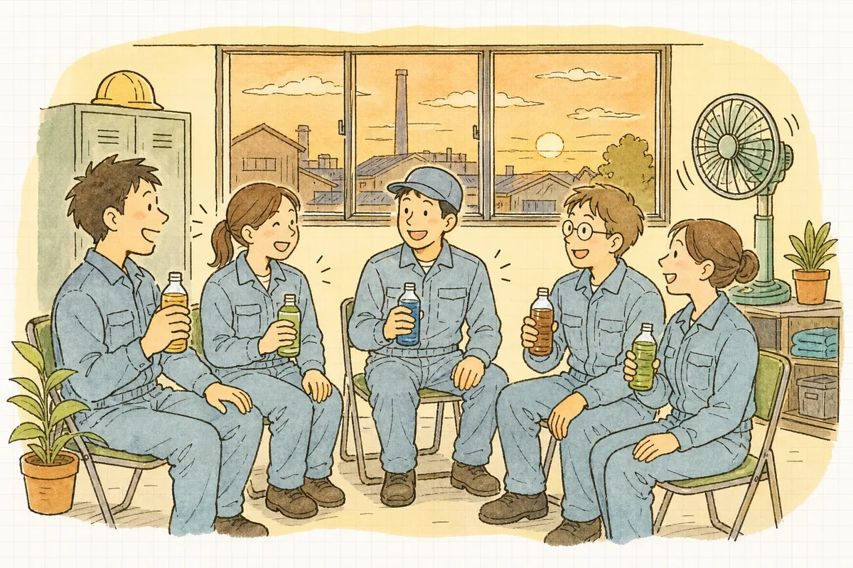 夏の夕方、作業を終えた仲間同士が休憩スペースで笑い合いながら水分をとっている場面