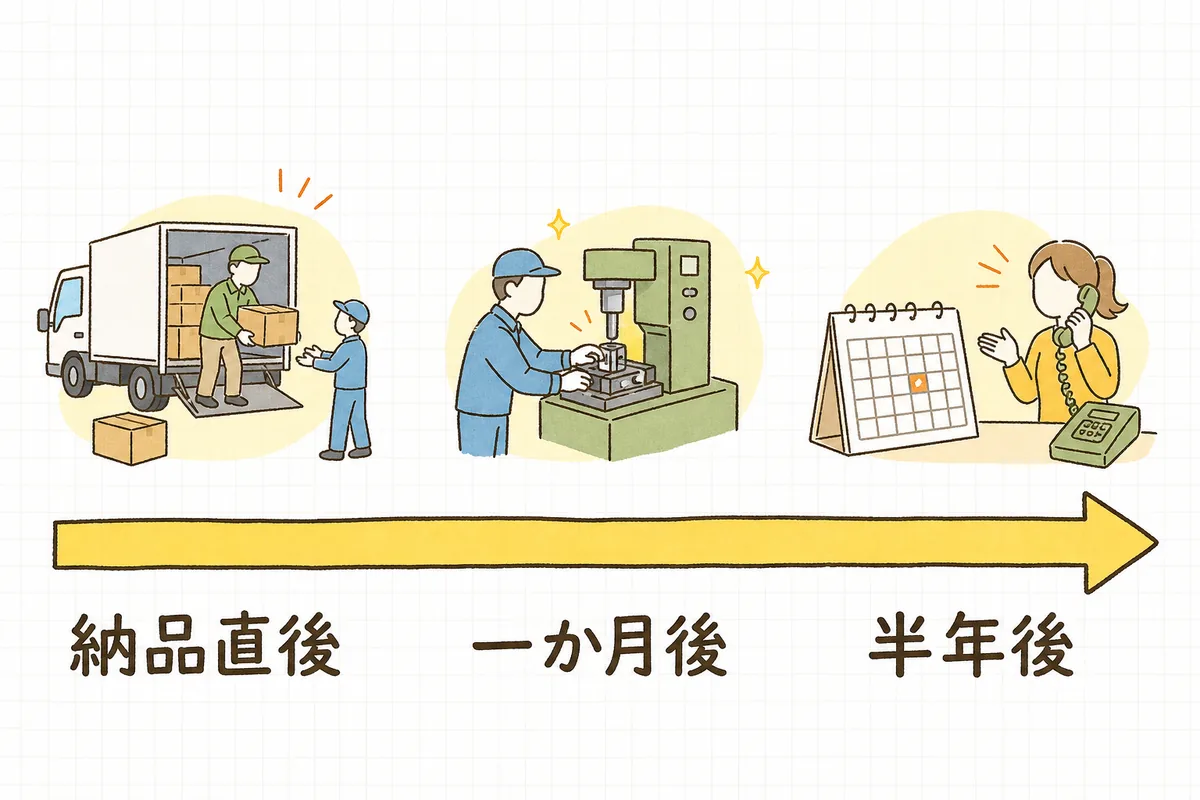 納品直後・一か月後・半年後という3つのフォローのタイミングを、時間の流れに沿って左から右に並べた概念図