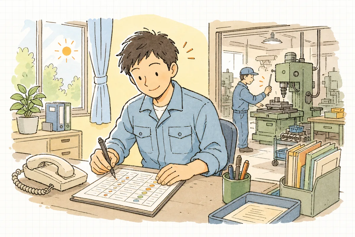 電話を終えて、次の仕事の話が出たことに穏やかな手応えを感じている町工場の担当者の表情
