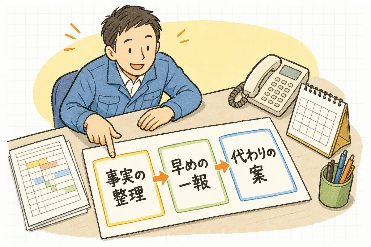納期遅延の連絡を整理・一報・代替案の三つの順番に分けて示した説明図