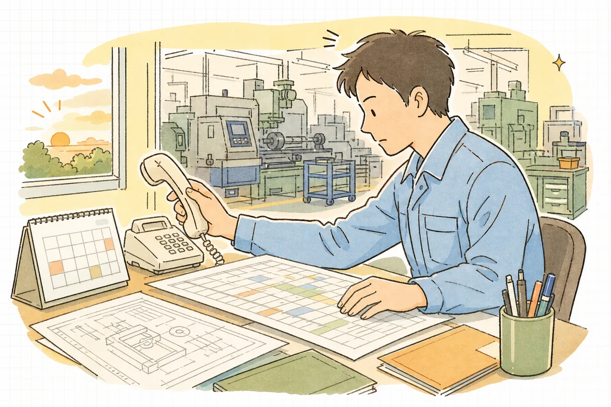 納期に間に合わないと分かり、受話器に手をかける前に工程表を見つめて一呼吸おく町工場の担当者の横顔と手元