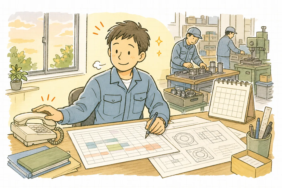 遅れの連絡を終え、工程表に次の一手をメモして少し肩の力が抜けた町工場の担当者