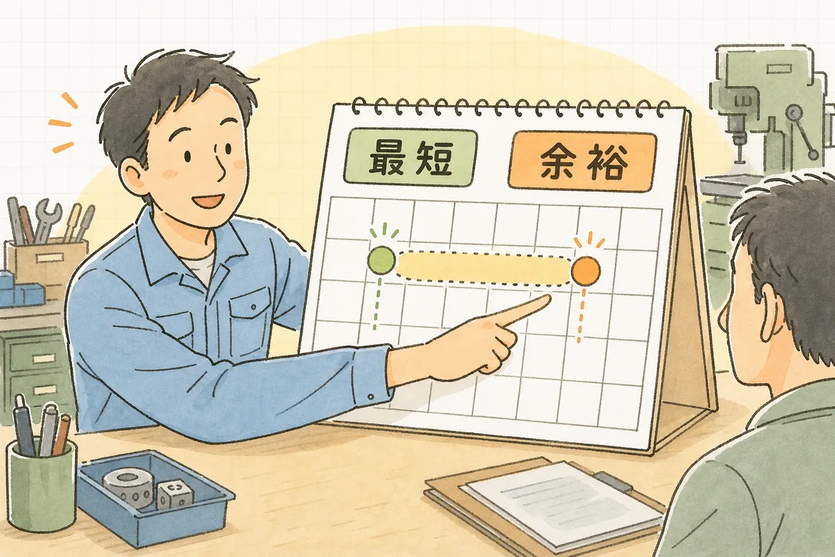 最短でできる日に少し余裕を足して、幅を持たせた納期として相手に伝える考え方の説明図