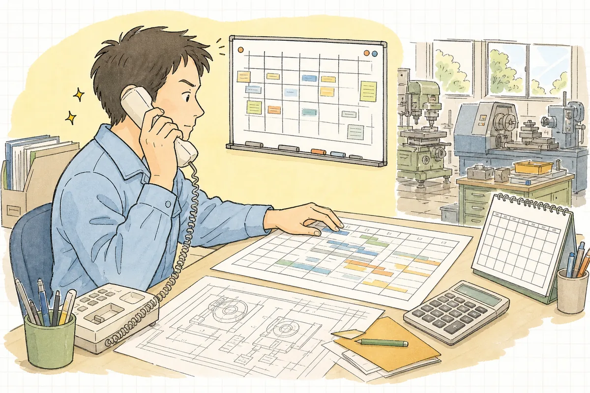 取引先からの電話を受けながら、工程表を見て納期をいつにするか考えている町工場の担当者の横顔と手元