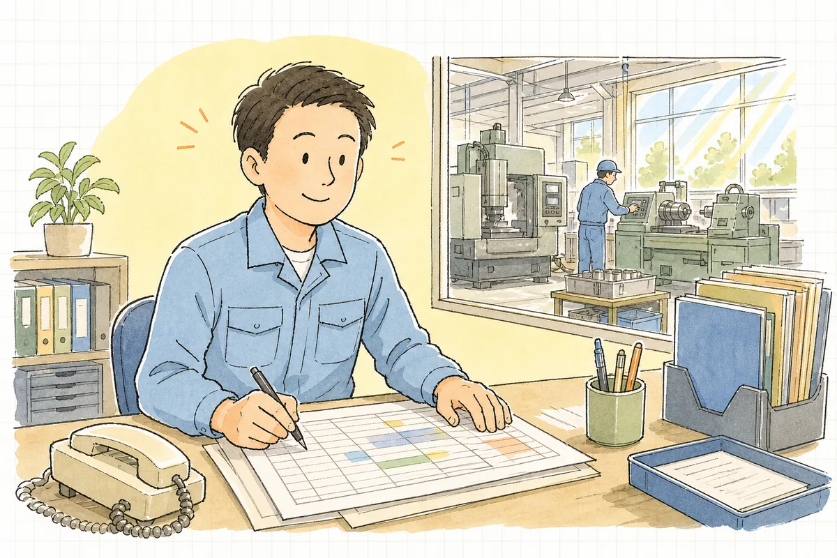 落ち着いて根拠のある納期を答え、電話を終えて前を向く町工場の担当者