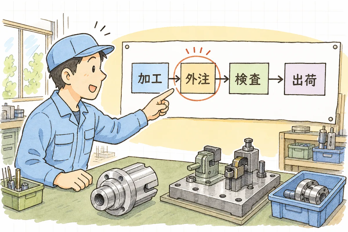 受注から出荷までの工程を一本の流れで並べ、止まっている工程を見つけた担当者の説明図