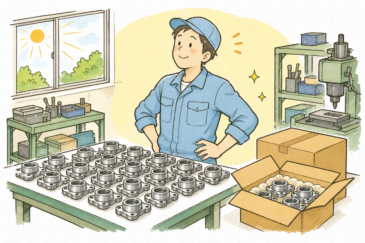 予定どおり仕上がった部品の出荷を見送り、達成感のにじむ担当者の前向きな表情