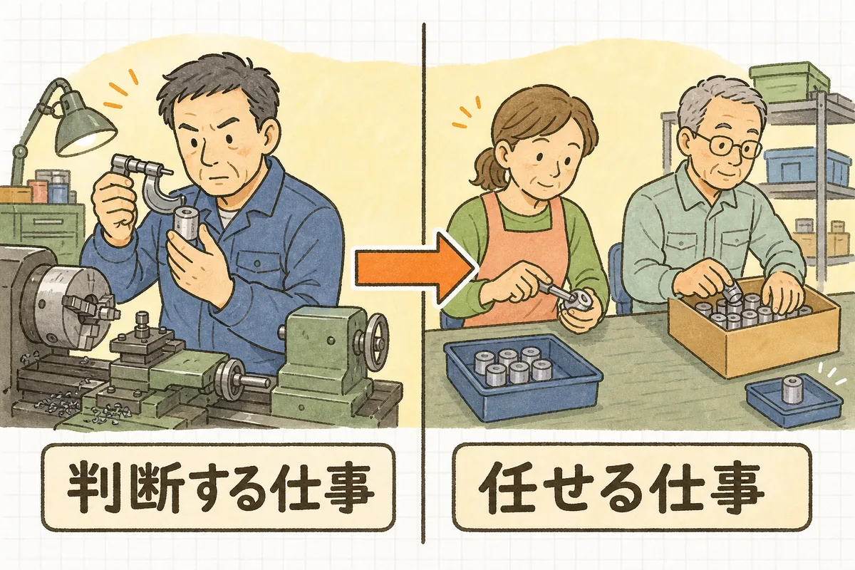 ひとつの仕事を二つに分けた説明図。左は、ベテランが旋盤の前でマイクロメーターを使って寸法を確かめている絵。右は、パートの女性とシニアの男性が作業台で、見本の部品を横に置いてバリ取りと箱詰めをしている絵