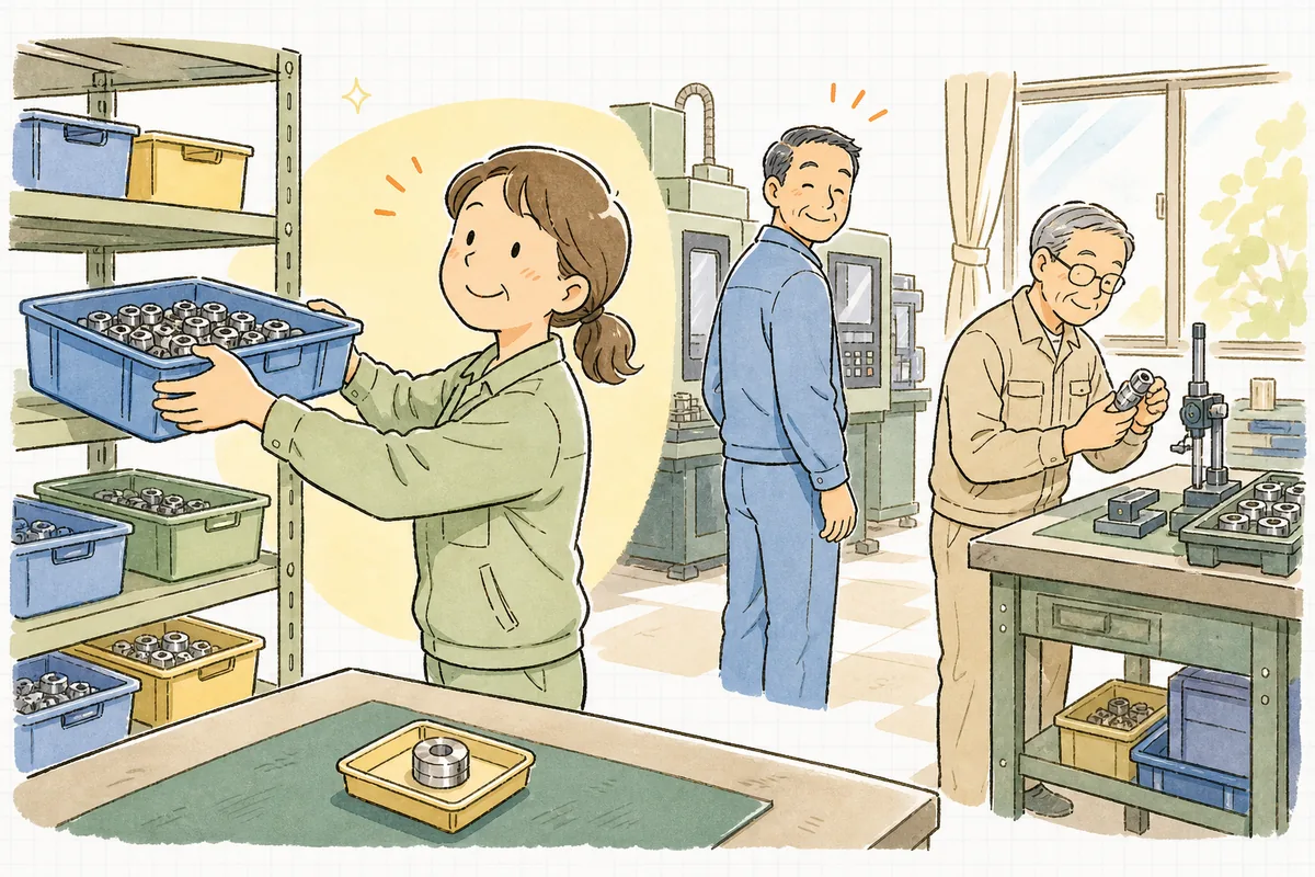 午後の町工場で、作業台でバリ取りを終えたパートの女性が済んだ部品の箱を棚に置き、機械の前のベテランが振り向いて笑顔でうなずいている明るい情景