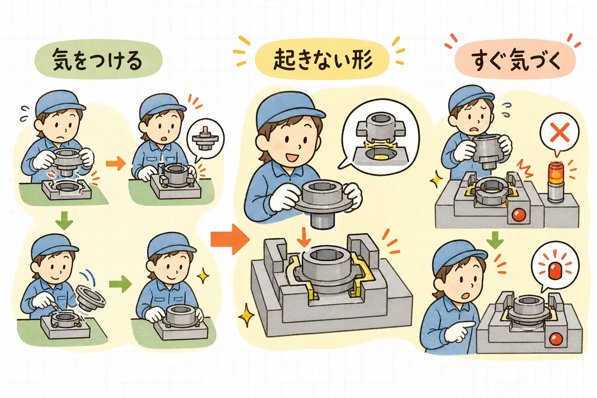 ミスが起きてから直す従来のやり方と、ミスが起きない形にするポカヨケの違いを並べた説明図