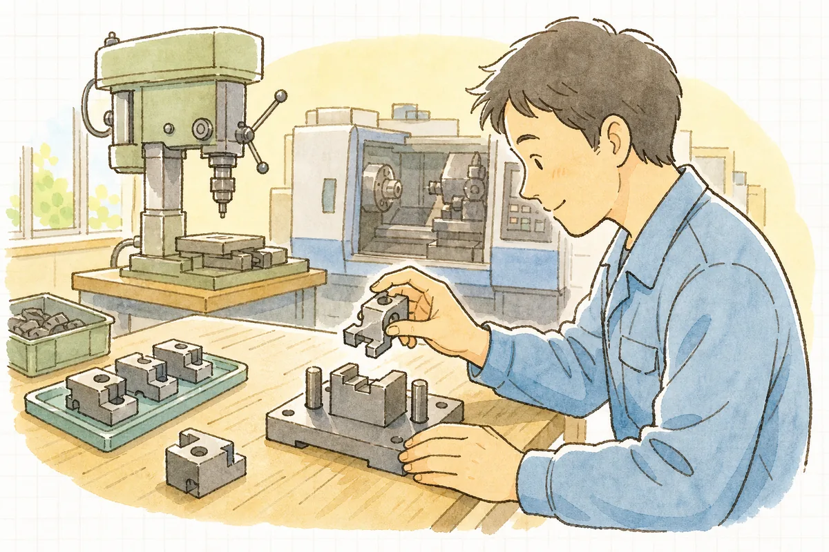 治具にはまらない向きの部品を前に、ここは逆には入らないと確かめる現場担当者の手元と横顔