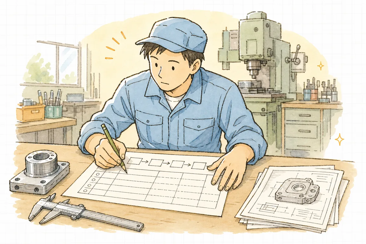 手描きの工程の流れ図を前に、どこで何を確かめるかを鉛筆で書き込みながら考える町工場の担当者の手元と横顔