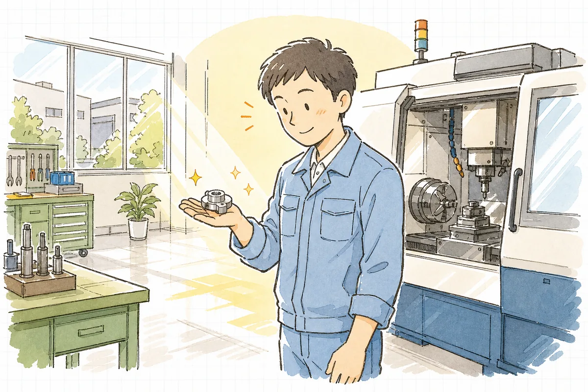 連休明けの朝、明るい光が差し込む工場で機械を立ち上げ、最初の一個をゆっくり確認して穏やかな表情を浮かべる担当者