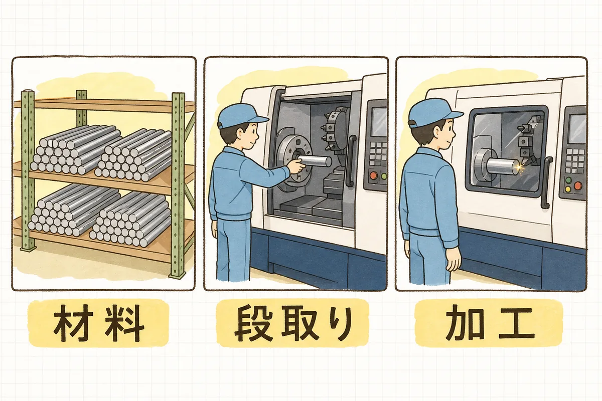 見積の単価の中身を、材料の丸棒・機械の段取り・機械での加工の3つの場面に分けて左から順に並べた図