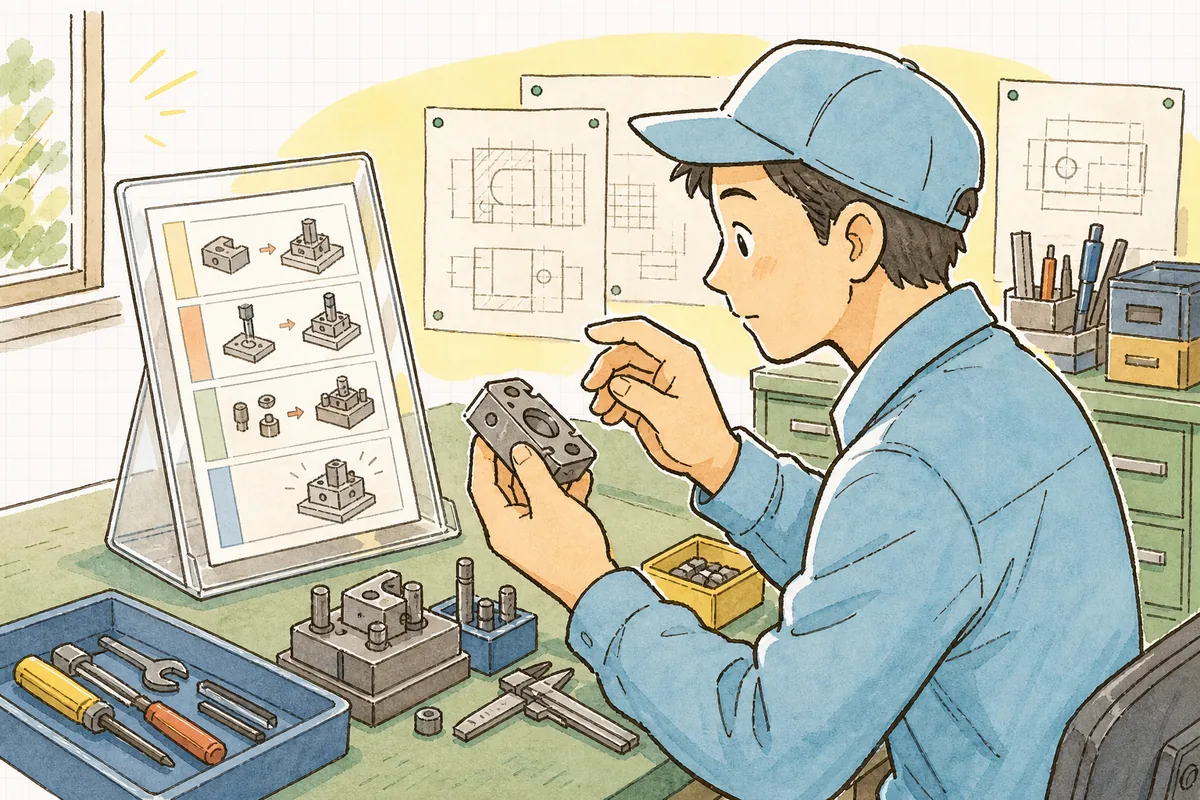 作業台の脇に立てた作業標準書を見ながら、部品を手に段取りを確かめる現場担当者の横顔と手元