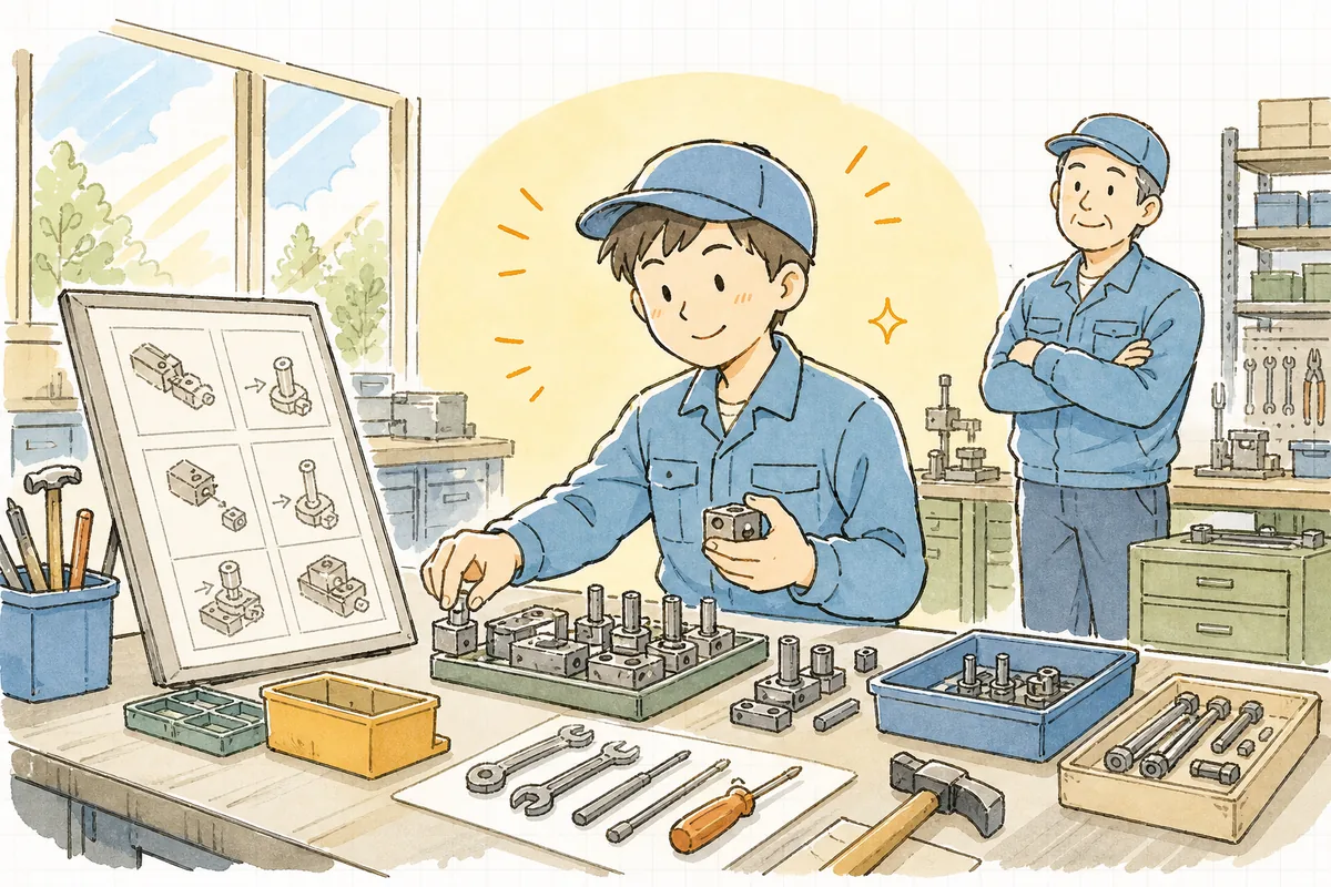 新人が作業標準書を見ながら一人で段取りを進め、ベテランが少し離れて頼もしく見守る前向きな情景