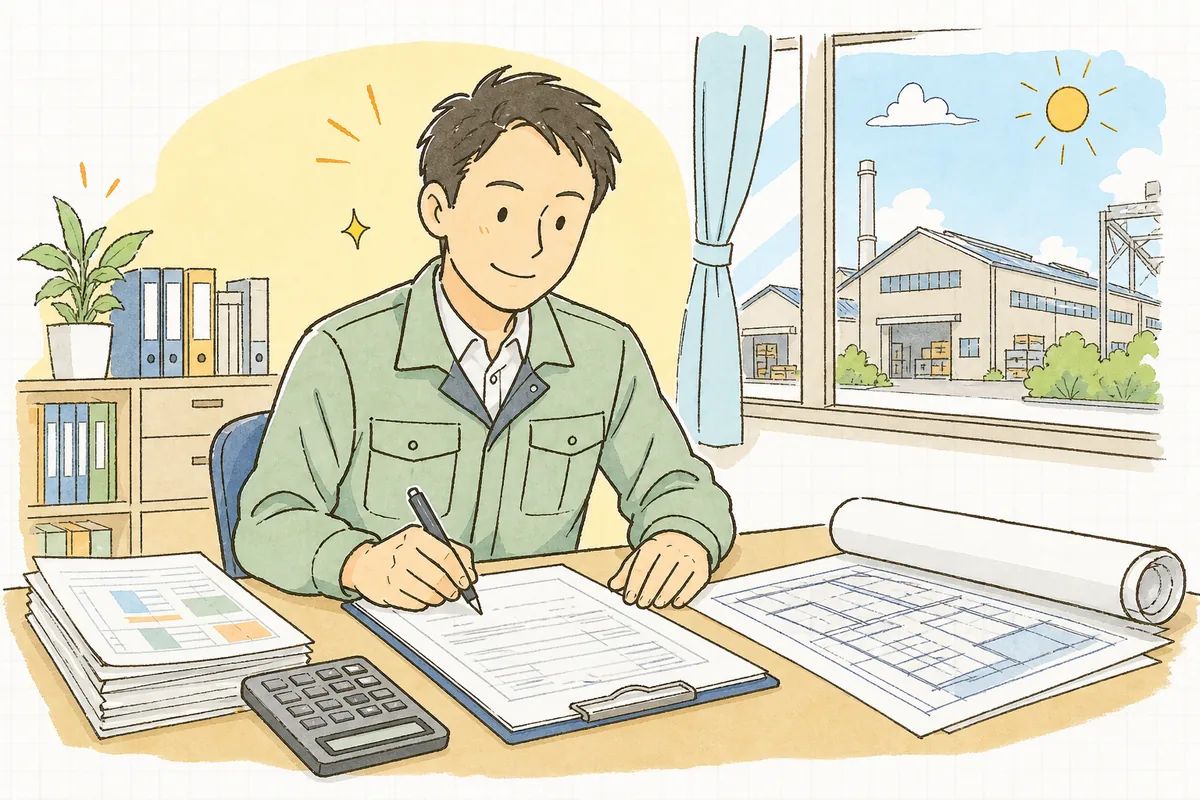 朝の工場の事務机で、集計した実績の紙をそばに置いて、落ち着いた表情で見積書を書いている担当者