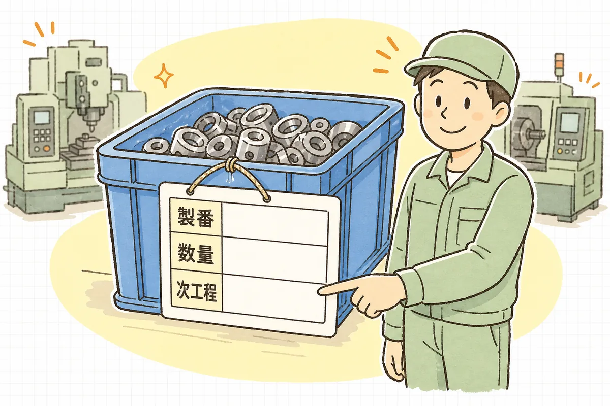 部品コンテナに下げられた現品票を大きく描き、上段・中段・下段の3つの欄に見出しラベルを付けた説明図