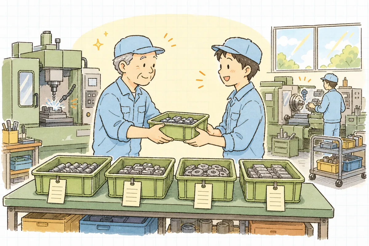 現品票を下げた部品コンテナが工程の順に並び、次の工程へ受け渡しながら短く言葉を交わす町工場の作業者ふたり