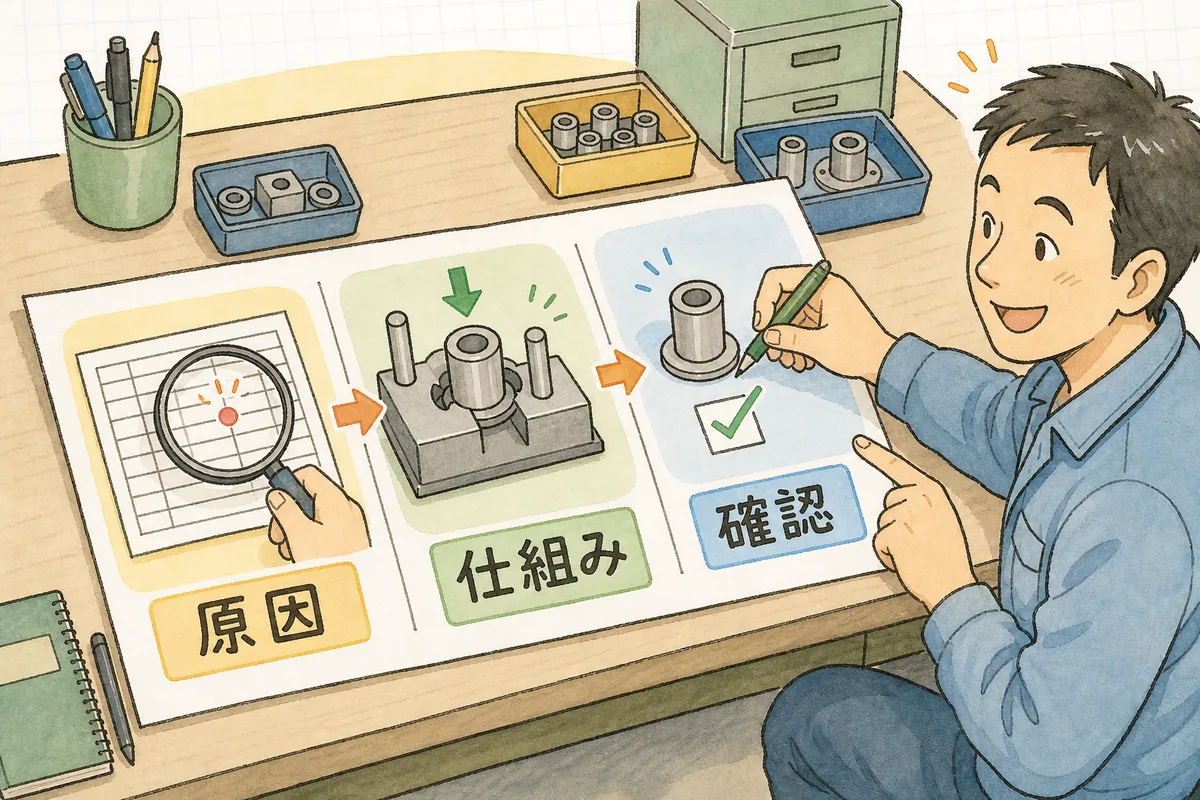 再発防止策を原因の特定・仕組みで止める・効き目の確認の三段階に分けて示した説明図