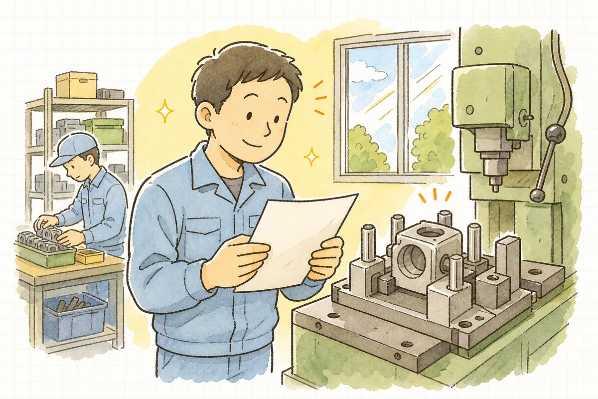治具を取り付けた機械の前で、書き直した是正報告書を手に少し表情がやわらいだ町工場の担当者