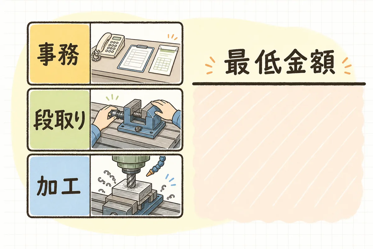 最低受注金額が3つの費用の積み重ねでできていることを示した図。下から加工、段取り、事務の3段が積み上がり、その合計の高さに最低金額の線が引かれている
