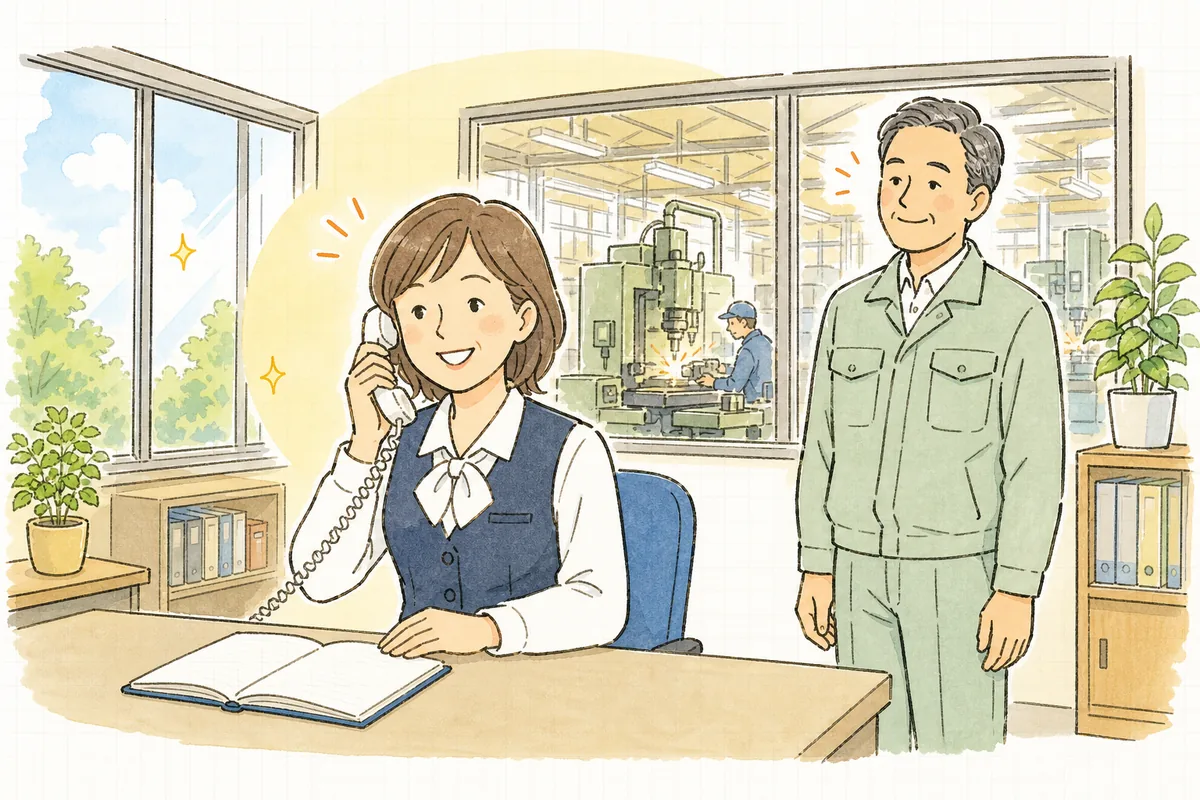 明るい昼の事務所で、電話を受けている事務の女性が落ち着いた笑顔で応対し、その後ろで作業服の経営者が安心した表情でうなずいている場面